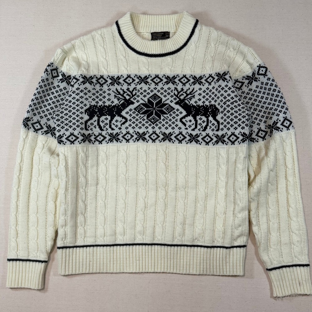 Vintage JCPenney Fair Isle Reindeer Cable Knit Sweater Cream Black Medium 90s